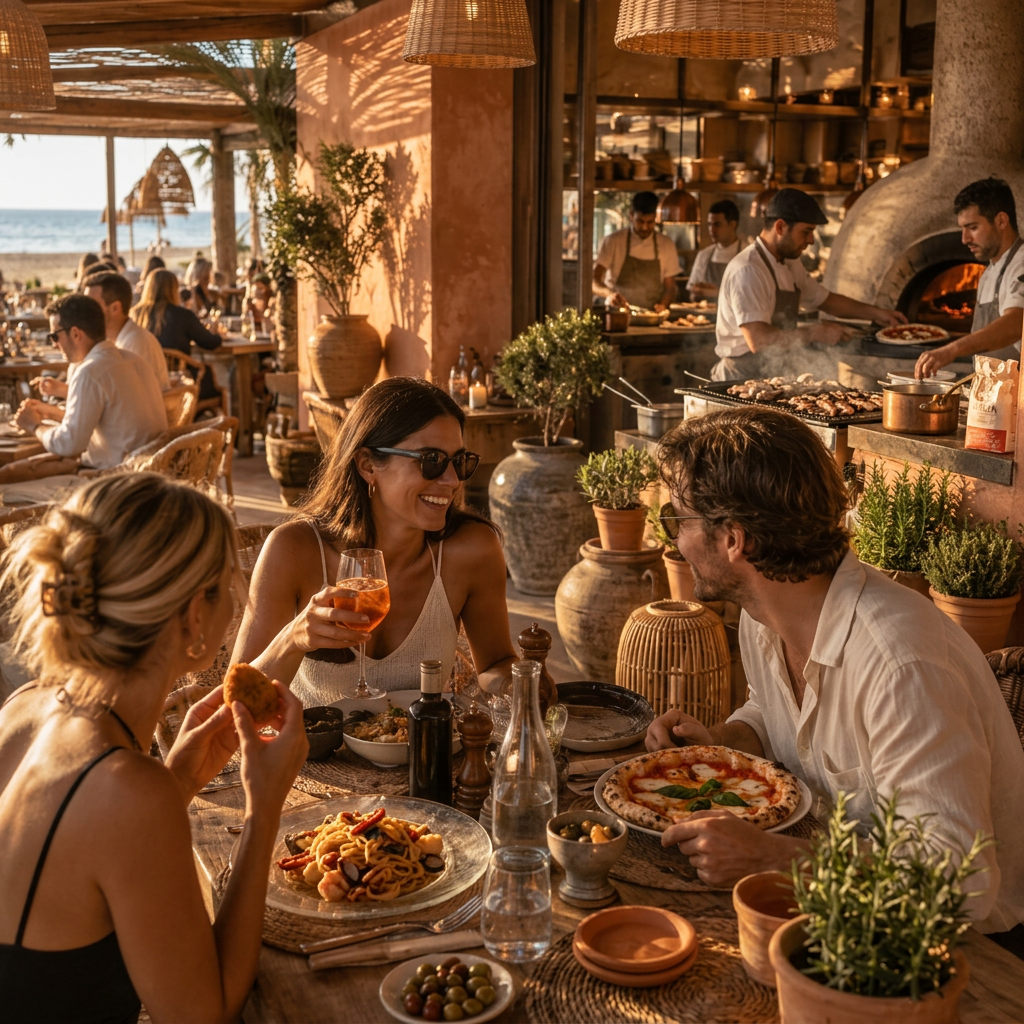 Ambiente de una cocina abierta con pizza y pasta en un restaurante de playa junto al mar